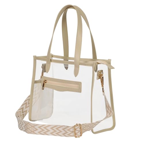 Clear Tote Bag for Women Thick PVC Clear Bag Transparent Stadium Bag with Guitar Strap - color: Beige