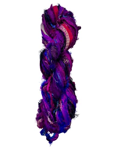 Maker's Craft Recycled Fuzzy Fringes Sari Silk Ribbon Yarn 35yards, 100Grams for DIY Knitting Crocheting Gift Wrapping, Christmas Decoration, Macrame Makers, Jewelry Making, Rugs Hooking (Purple) - color: Purple