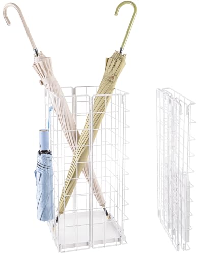 Umbrella Stand, Umbrella Holder for Entryway, Large Metal Foldable Umbrella Rack Organizer Freestanding, with Water Tray and Hooks, Rectangular Hollow Rack 9.5 x 9.5 x 19.7 Inches (White) - color: White