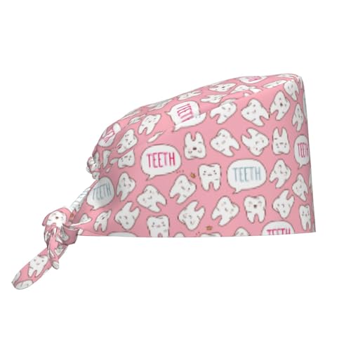 MOLIAN Dental Tooth Adjustable Working Cap Surgical Headgear for Women Men | Adjustable Tie Back Scrub Caps with Button Built-in Sweatband Working Cap for Nurses Doctors and Workers - color: Pink Tooths