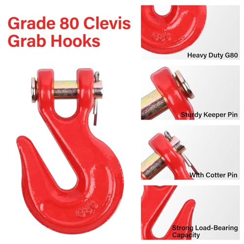 5/16'' Chain Hooks, Red Powder Coating Grade 80 Clevis Grab Hook | Heavy-Duty Forged Alloy Steel for G80 Tow Chain and Binders - 4,900 lbs WLL for Trailer Truck Safety Transport (Pack of 4) - size: 5/16IN - 4PCS