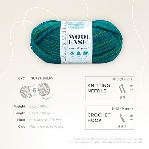 Lion Brand Yarn Wool-Ease Thick & Quick Yarn, Soft and Bulky Yarn for Knitting, Crocheting, and Crafting, 1 Skein, Bluegrass | Super Bulky Wool Acrylic Blend Fiber for Soft Hats, Sweaters, Chunky Blankets, Yarn for Crochet, Knitting, Crafts, Weaving - col