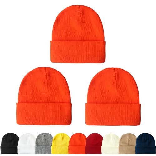 NPQQUAN 3 Packs Unisex Beanie Hats for Men Women Winter Knit Beanies | Mens and Womens,Great Stretch Knit,Thick Warm Comfort Beanies,Outdoor Sports including Skiing Running Camping - color: Orange+orange+orange