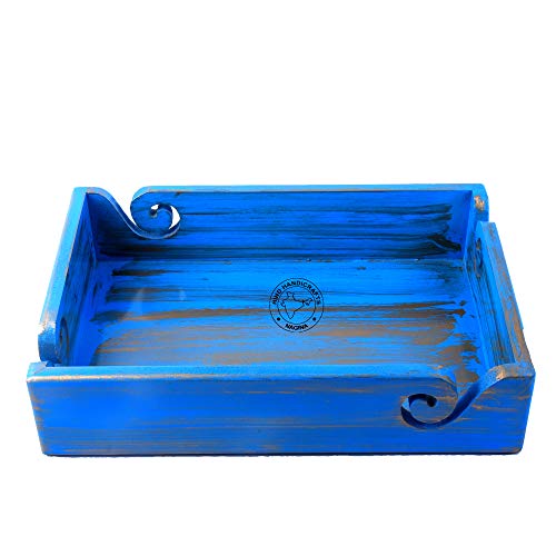 Solid Handmade Crafted Wooden Portable Antique Yarn Storage Bowl Tray - Holder for Knitting Crochet Hook Accessories - Multipurpose Organiser (Sky Blue, 12" x 8" x 2.5") - color: Sky Blue