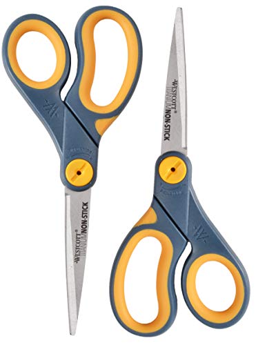 Westcott 8-Inch Non-Stick Titanium Scissors For Office and Home - Glide Adjust Technology - Grey/Yellow Craft, Fabric Scissors - 2 Pack - size: 8-inch (2-Pack)