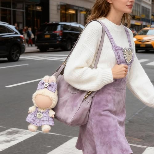 Doll Clothes for Labubu 15cm/17cm Dolls,Outfit for Labubu,Dress and Hairpin Set for Labubu Dolls Cute Stylish Dress Up Set(NO Doll) - color: Purple Check Tweed