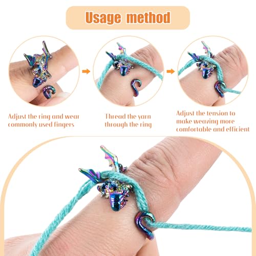 HUISUYTON 4PCS Adjustable Dragon Crochet Tension Ring for Finger(Colorful) | Dragon Crochet Yarn Tension Rings for Crocheting, Crochet Rings for DIY Crocheting and Sewing Crafts - color: Multi