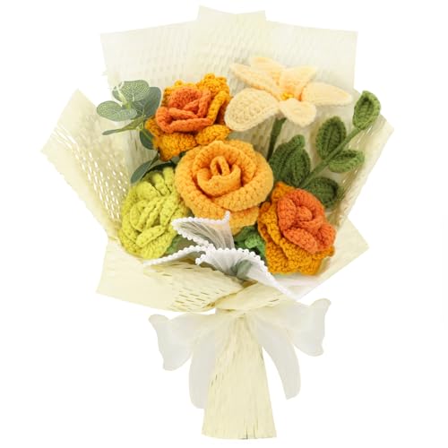 Marvogo Handmade Crochet Flower Bouquet,Crochet Flowers for Loved Ones | Crochet Flower,Crochet Rose, Bell Orchid, Tulip, Finished Artificial Flower Ideal for Lovers, Family and Friends Yellow&Green - color: Yellow&green