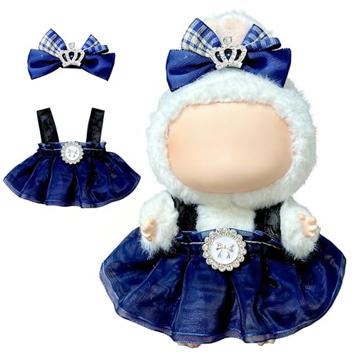 Doll Clothes for Labubu 15cm/17cm Dolls,Outfit for Labubu,Dress and Hairpin Set for Labubu Dolls Cute Stylish Dress Up Set(NO Doll) - color: Dark Blue