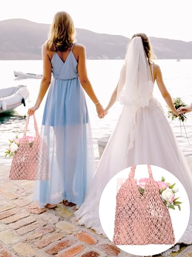Aliceset 6 Pcs Bachelorette Beach Bags Macrame Tote Bags Crochet Beach Bag for Women Bridesmaid Travel Gifts - color: Pink, style: Classic