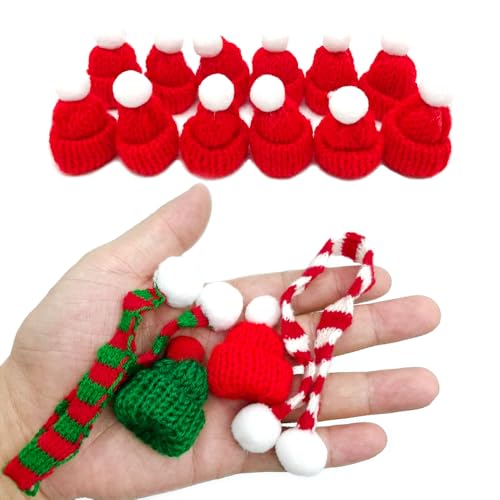 Yxtwaeh 48 Pcs Mini Santa Hats and Scarves for Christmas Crafts Mini Knit Doll Hat Scarf for Christmas Tree Ornaments Wine Bottle Toppers, Red and Green