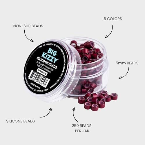 Big Kizzy Silicone Lined Microlink Beads 250pcs 5.0mm (Burgundy) | for Invisible Application of Weft Hair Extensions - color: Burgundy, size: 250 beads