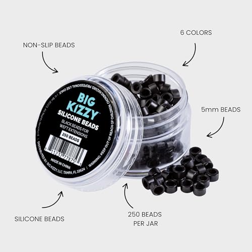Big Kizzy Silicone Lined Microlink Beads 250pcs 5.0mm (Black) | for Invisible Application of Weft Hair Extensions - color: Black, size: 250 beads