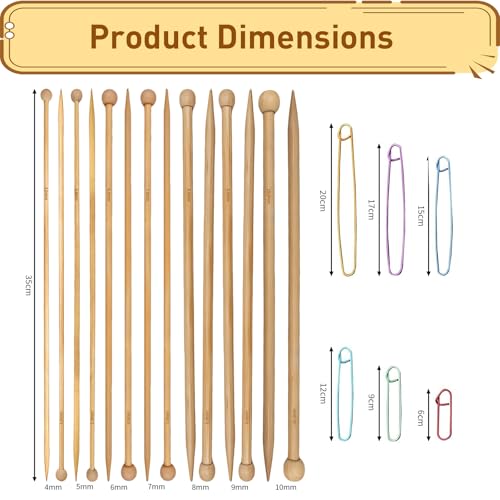 DIHUHAY 7-Pair Bamboo Knitting Needle Set - Natural Long Wooden Knitting Needles, Suitable for Beginners and Professionals to Knit Sweaters, Scarves, Shawls, Blankets, and Hats