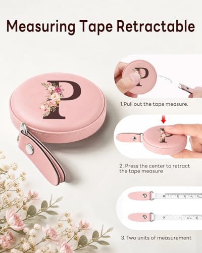 Maicican Retractable Tape Measure, Pink Leather Sewing Measuring Tape, P | with Initial A-Z, 60"/1.5m Soft Sewing Measuring Tape for Body Measurements, Portable Small Fabric Ruler - color: Tape Measure-Pink P