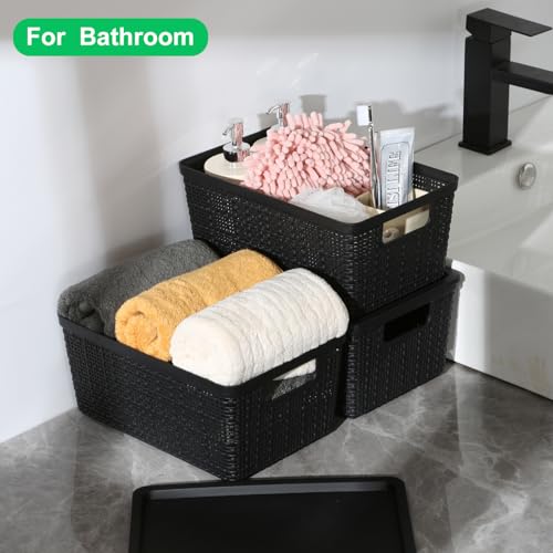 6 Pack Plastic Storage Baskets with Lid,Black Stackable Bins | Durable Woven Plastic With handle Breathable,Save space ,For Organizing Desktops, Closets, Playrooms, Classrooms, Offices - color: Black