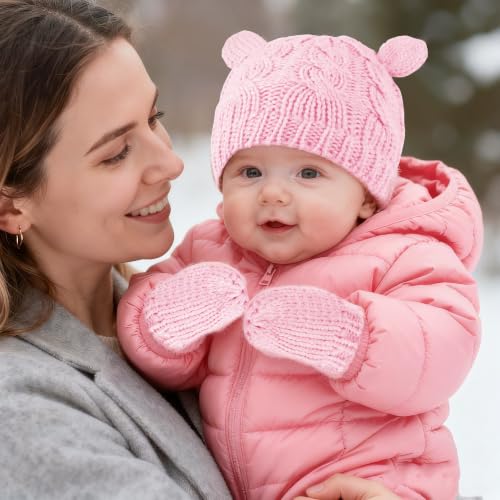Baby Winter Hat Mittens Set Knitted Beanie Gloves for Baby Girls Boys Newborn Infant Toddler Autumn Winter - color: Pink