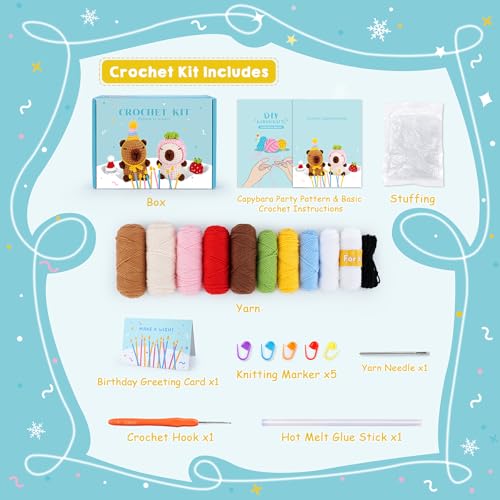 2PCS Capybara Crochet Kit for Beginners Crochet Starter Kit for Adults | Brown and Beige Capybara Knitting Kit with Step-by-Step Video Tutorials, Capybara Party Crocheting Kit for Birthday - color: Brown Beige Capybara