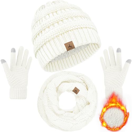 LOROME Winter Beanie Hat Scarf Gloves, Warm Fleece Knit Neck Scarf Set Gift | Hats Gloves Scarf Set, Touchscreen Gloves, Universal Size Neck Scarf Set Winter Gifts for Unisex Adult Winter Wear - color: Ivory