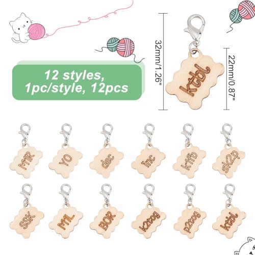 NBEADS 12 Pcs 12 Styles Wood Rectangle Stitch Markers with Lobster Clasp, Knitting Crocheting Accessories for Direction Guidelines