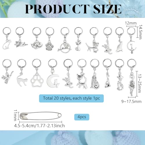 PH PandaHall 20 Styles Cat Stitch Markers with 4PCS Safety Pins Paw Print Moon Crochet Stitch Marker Charms Antique Silver Kitten Knitting Locking Marker for Weaving Quilting Sewing Jewelry Making - color: Antique Silver