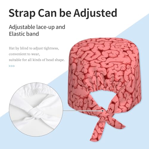 MOLIAN Dental Tooth Adjustable Working Cap Surgical Headgear for Women Men | Adjustable Tie Back Scrub Caps with Button Built-in Sweatband Working Cap for Nurses Doctors and Workers - color: Red Brain