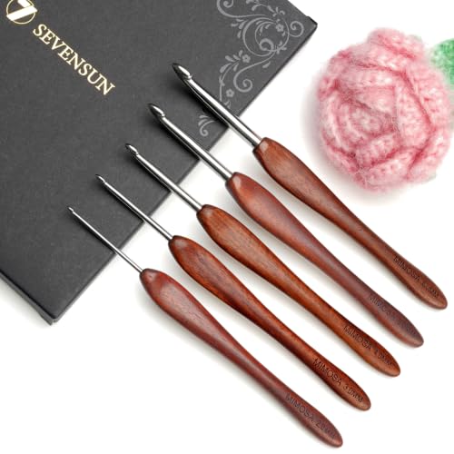 SEVENSUN Mimosa Crochet Hooks Set 5 Pack of 2mm 3mm 4mm 5mm 6mm Crochet Hook, SEVENSUN Hand Polished Ergonomic Crochet Hooks, Stainless Steel Crochet Hook, Wood Handle Pointed Crochet Needle - size: Set 5 Pack of 2, 3, 4, 5, 6mm