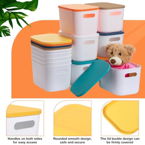 Thyle 12 Pack White Plastic Storage Bins with Lids, Back to School Stackable Storage Container with Handle Label for Organizing Toy Craft for Classroom Shelf Bedroom Office 10 x 7 x 6 Inch - color: White