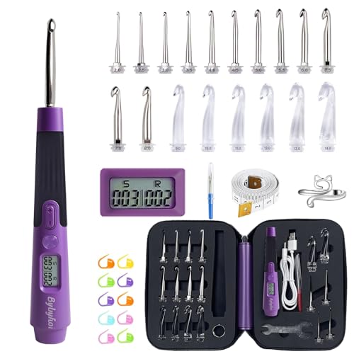 18 Sizes Lighted Crochet Hooks Set 2.0mm~14.0mm, Rechargeable Crochet Hook with Interchangeable Crochet Head, Light Up Crochet Hooks Set with 2 Levels Led for Beginner Knitting Kit Gifts - color: Purple - Count 18 Size