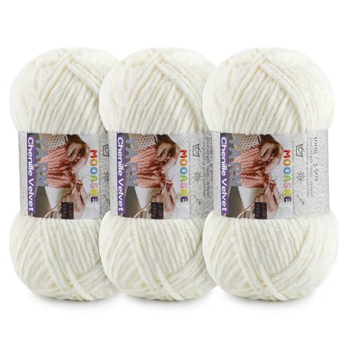 Mooaske Chenille Yarn for Crocheting, 300g/393yds Fluffy Baby Blanket Yarn | Soft plush thick chenille yarn for crocheting. 300g/393yd total. Ideal for baby blankets, amigurumi, scarves & home decor. - color: Milky White