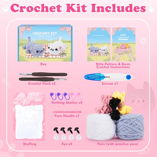 2PCS Kitty Crochet Kit for Beginners Cats Crochet Starter Kit for Adults | Crochet Kit with Step-by-Step Video Tutorials, Learn to Crochet, Beginner Crocheting Kit Easy Peasy Yarn Gifts for Birthday - color: Gray White Cat