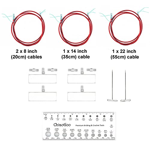 ChiaoGoo T-Spin Tunisian 5.7-Inch Complete 1500-C Crochet Hook Set | US E, F, G, 7, H, I, J, K, L, M, N, Pointy Head, Stainless Steel Join, 4 Red Twist Cables, Project Bag