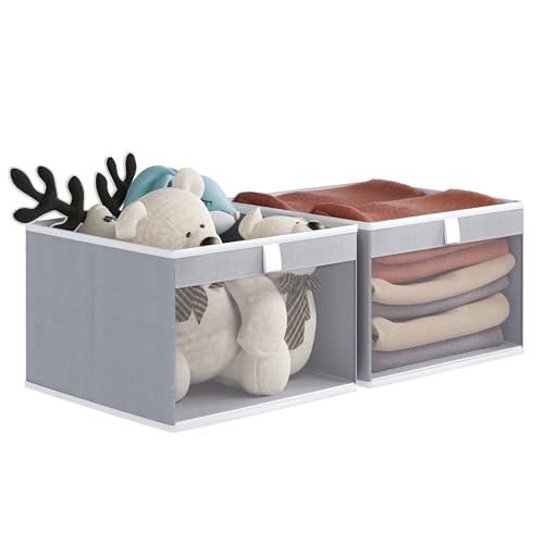 Linen Closet Organizers and Storage, Closet Storage Bins Basket Organizer, Foldable Organization Baskets with Mesh Window for Clothes Towels and Toys, 14.5" x 14.5" x 10.25", Gray, 2 pack - color: Gray-2Pack, size: 14 ½"L x 14 ½"W x 10 ¼"H