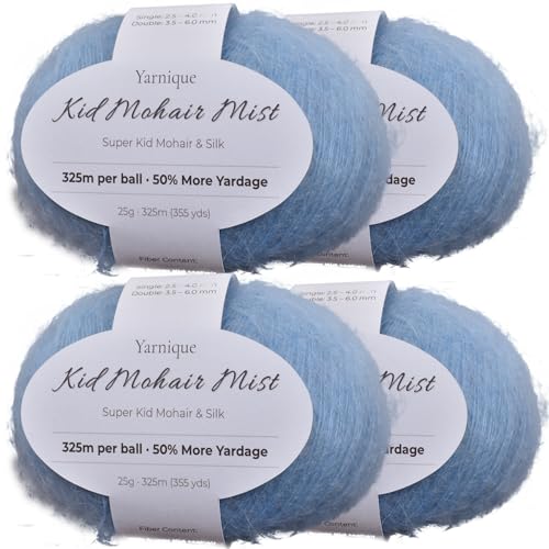 Kid-Silk Mohair Yarn, Lace Weight, 4 Balls 100g, 1420 yds | Yarnique Fine Lace Yarn | Smooth Knitting & Crochet | Light Fabric (14 Sky Blue) - color: 14 Sky Blue