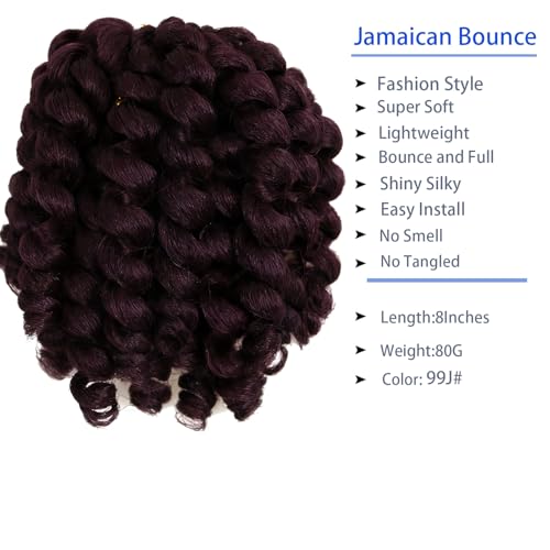 99J Short Jamaican Bounce Crochet Hair 3 Packs 2X Ringlet Wand Curl Crochet Hair 8 Inch Curly Crochet Hair Extensions Burgundy Curly Crochet Braiding Hair 100 Roots - color: 99J, size: 8 Inch (Pack of 3)