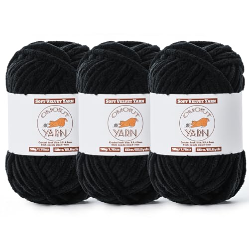 3 Pack Black Fluffy Velvet Yarn for Crocheting, Chunky Chenille Baby Blanket Yarn for Crochet, Soft Fuzzy Puzzle Yarn for Knitting, (50g/1.77oz Each) Bulky Thick Amigurumi Crochet Yarns - color: 3 Black