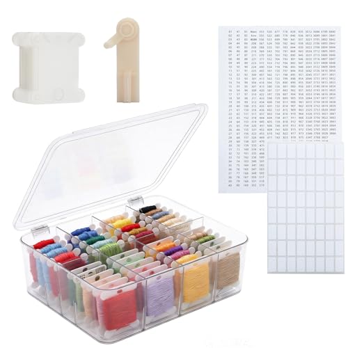 Embroidery Floss Organizer, 8 Compartments Acrylic Clear Thread Storage Box with Floss Winder, Includes 100 Plastic Bobbins for Cross Stitch Needlepoint Craft