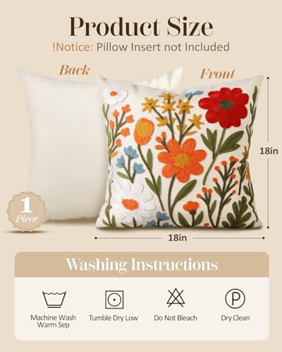 Embroidered Throw Pillow Cover 18x18 Inch, Flower Cluster | Decorative Pillow Cover, Floral Farmhouse Cushion Case with Hidden Zipper, Home Decor for Couch, Sofa, Living Room, Bedroom - color: Flower Cluster, size: 18" x 18" (Pack of 1)