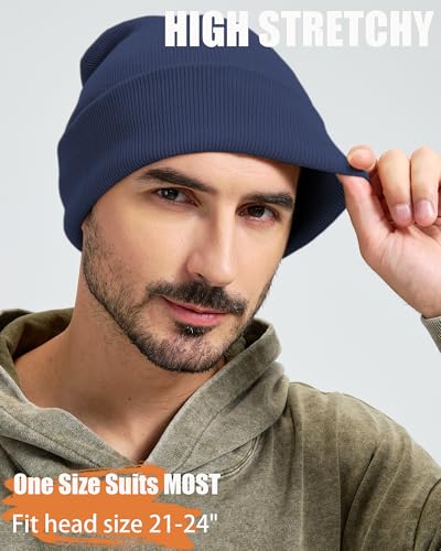 100% Cotton Beanie Lengthen Cuffed Beanies Knit Winter Hats Unisex | Double-Layer Warmth,Ultra-Soft 100% Cotton Knit,Long Non-itchy,Snug No-Slip Stretch Fit,Warm Winter Skull Cap - color: 1-navy Blue