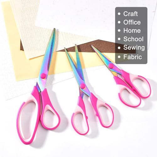 Zicolu Craft Scissors Set of 3 pack, Sharp Rainbow Titanium Coating All Purpose Scissors, Ergonomic Semi-Soft Rubber Grip, Suitable for School, Office and Household Use, Pink, 8.5''/6.5''/5.5" - color: Pink, size: 3-Pack(Assorted Sizes)