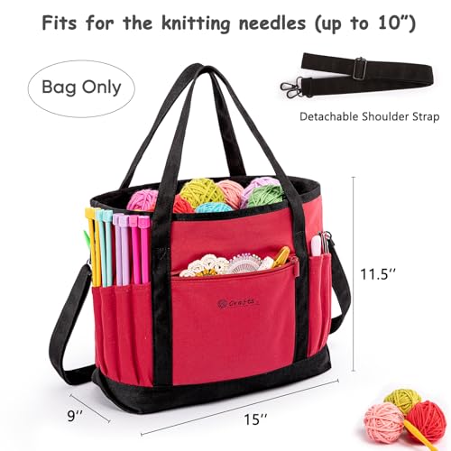 Canvas Yarn Storage Organizer Bag Washable Crochet Bag with Pockets for Yarn, Hooks, Needles – Travel Knitting Tote for Crafters – Gift for Crocheters & Knitters (Medium/Large) - color: Red, size: Large-15”