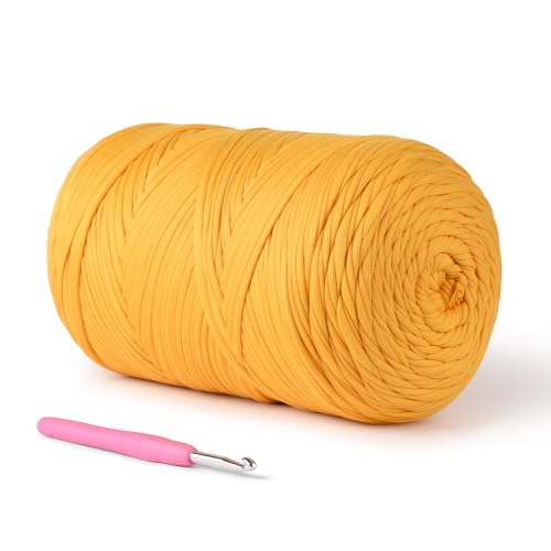 (800g/228yds) T Shirt Yarn, Soft Tshirt Crochet Yarn for Crafts and DIY Knitting Crocheting Cloth/Bag/Basket/Coaster, 100% Polyeste Elastic Fabric Chunky Thick Yarns for Crocheting (Gold Color) - color: Gold Color
