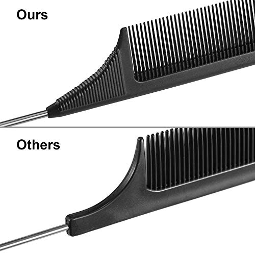 Leinuosen 2 Pcs Rat Tail Combs Steel Pin Carbon Fiber Teasing Hair | Heat Resistant Pintail, Metal Parting Tip for Sectioning, Professional Styling Comb, Salon Quality for Women Haircare