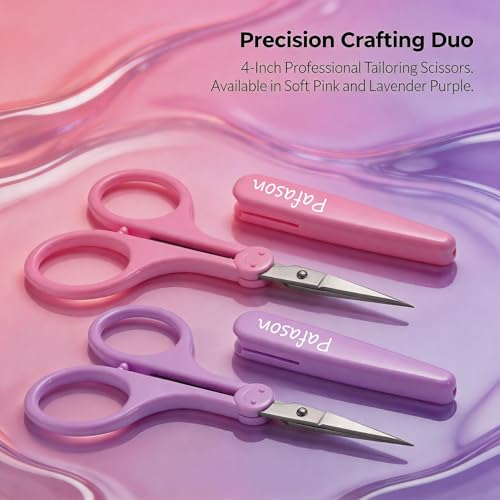 PAFASON Small Travel Sewing Craft Scissors Set Straight Precision Fine Tip | Stainless Steel for Quilting Knitting Embroidery Cross Stitch Crochet Thread Yarn Paper Detail Cutting Safety Case - color: Straight 4in Pink + Straight 4in Purple