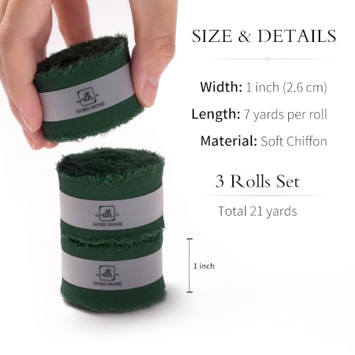 DORIS HOME Handmade Frayed Fringe Chiffon Ribbon 1" x 21Yd Dark Green | Fabric Ribbon, For Flower Bouquet/Gift Wrapping/Wedding Invitations/Christmas Decorations/Party Decor - color: Dark Green