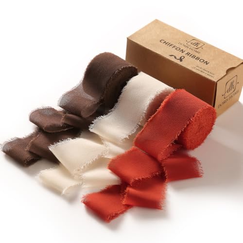 DORIS HOME Handmade Fringe Chiffon Ribbon 1" x 21Yd Terracotta & Ivory | Fabric Ribbon, For Flower Bouquet/Gift Wrapping/Wedding Invitations/Fall Decorations - color: Terracotta & Ivory