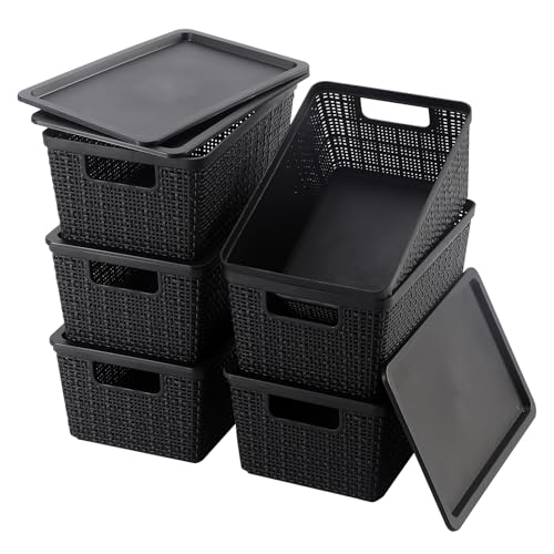 6 Pack Plastic Storage Baskets with Lid,Black Stackable Bins | Durable Woven Plastic With handle Breathable,Save space ,For Organizing Desktops, Closets, Playrooms, Classrooms, Offices - color: Black