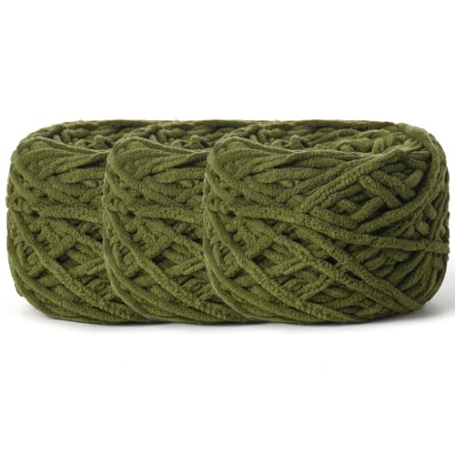 3 Pack Fluffy Chenille Chunky Yarn for Crocheting 100g(65.6yd) - Baby Yarn for Crocheting Soft - Velvet Yarns for Crochet Blanket - Amigurumi Crochet Yarns (Army Green) - color: 3 Army Green