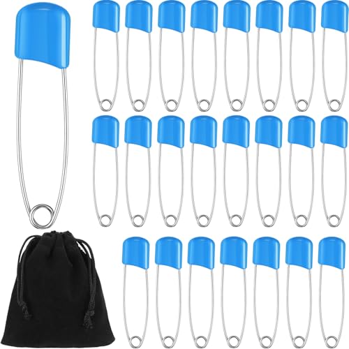 WILLBOND 100 Pcs Large Safety Pins for Clothes,with Bag, Blue | Plastic Head with Locking Closures, Heavy Duty Nappy Pins Hooks, 2.2 Inch Fasteners, Stainless Steel, Velvet Bag - color: Blue