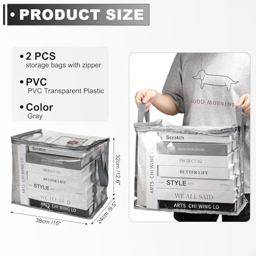 PATIKIL 15x9.5x12.6in Clear Storage Bags, 2PCS Plastic Storage Bags Clear Small Zippered Organizers Foldable Closet Bed Sheet Organizer Cube with Zipper for Book Clothes Yarn,L, Gray - color: Gray, size: L